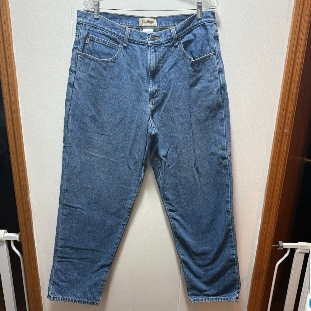 LL Bean Relaxed Fit Flannel Lined Jeans Mens Size 36x32 Blue Denim Plaid‎